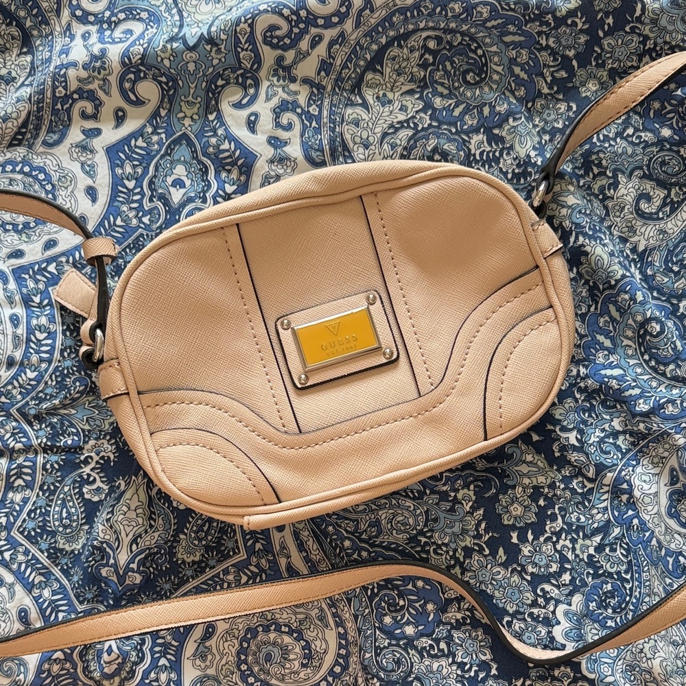 Guess Beige Crossbody Bag with Gold Plaque